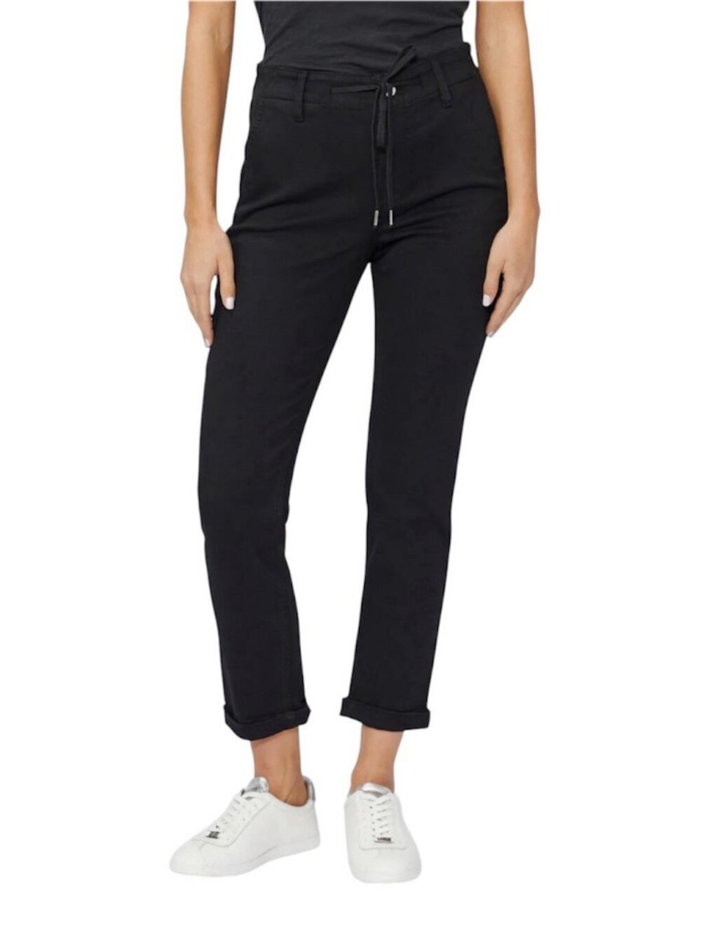 PAIGE Christy Rolled Hem Pants with Drawstring in Black Shadow. Size 31